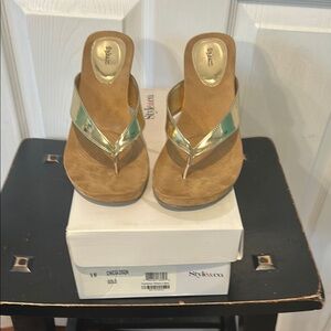 Styluxe Gold and Tan Sandals with Wedge Heel